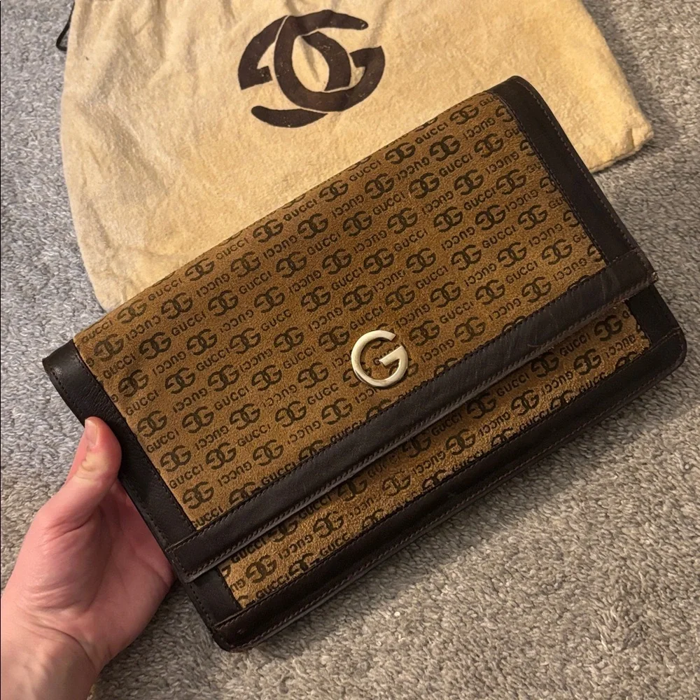 🐿️ {PRICE FIRM} 1980s Gucci GG Monogram Canvas Clutch Shoulder Bag - Picture 3 of 15